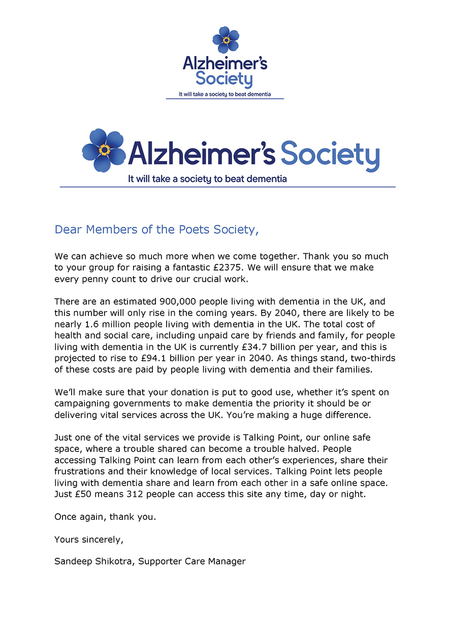 POETS 2025 Alzheimer's Society Donation